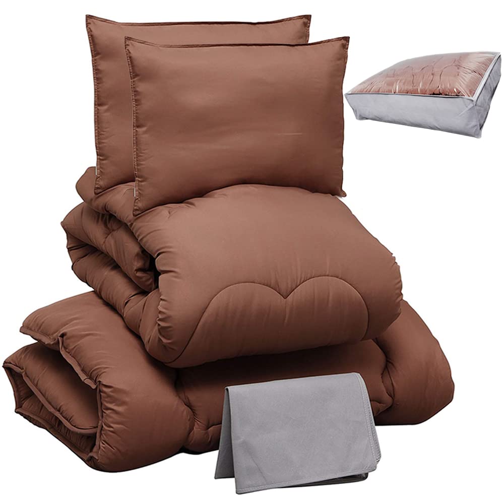 

Iris Plaza Полностью стираемый футон из полого полиэстера поставляется с аккуратным чехлом для хранения, мягкий и гладкий, с отделкой «персиковая кожа», коричневый набор из 5 предметов, двуспальный, хлопок, чехол,