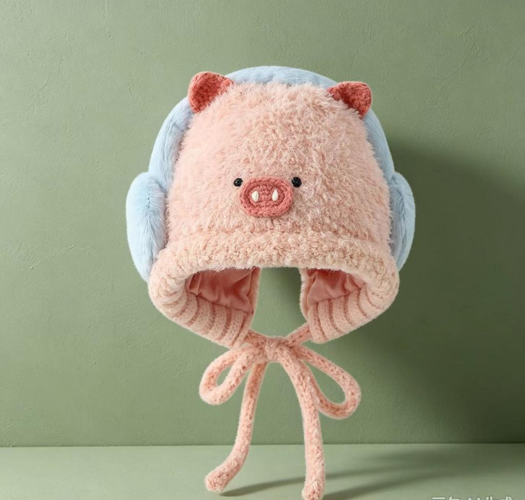 Cute cartoon children's ear protection knitted hat autumn and winter plush earphone plush hat for boys and girls