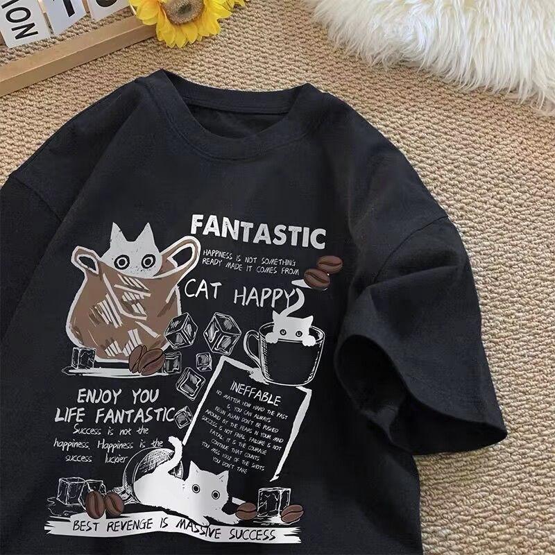 New Men Women T Shirt Pullover Oversize Korean Version Cartoon Cat Group Printed T-Shirt Casual Short Sleeve Couples T-Shirt