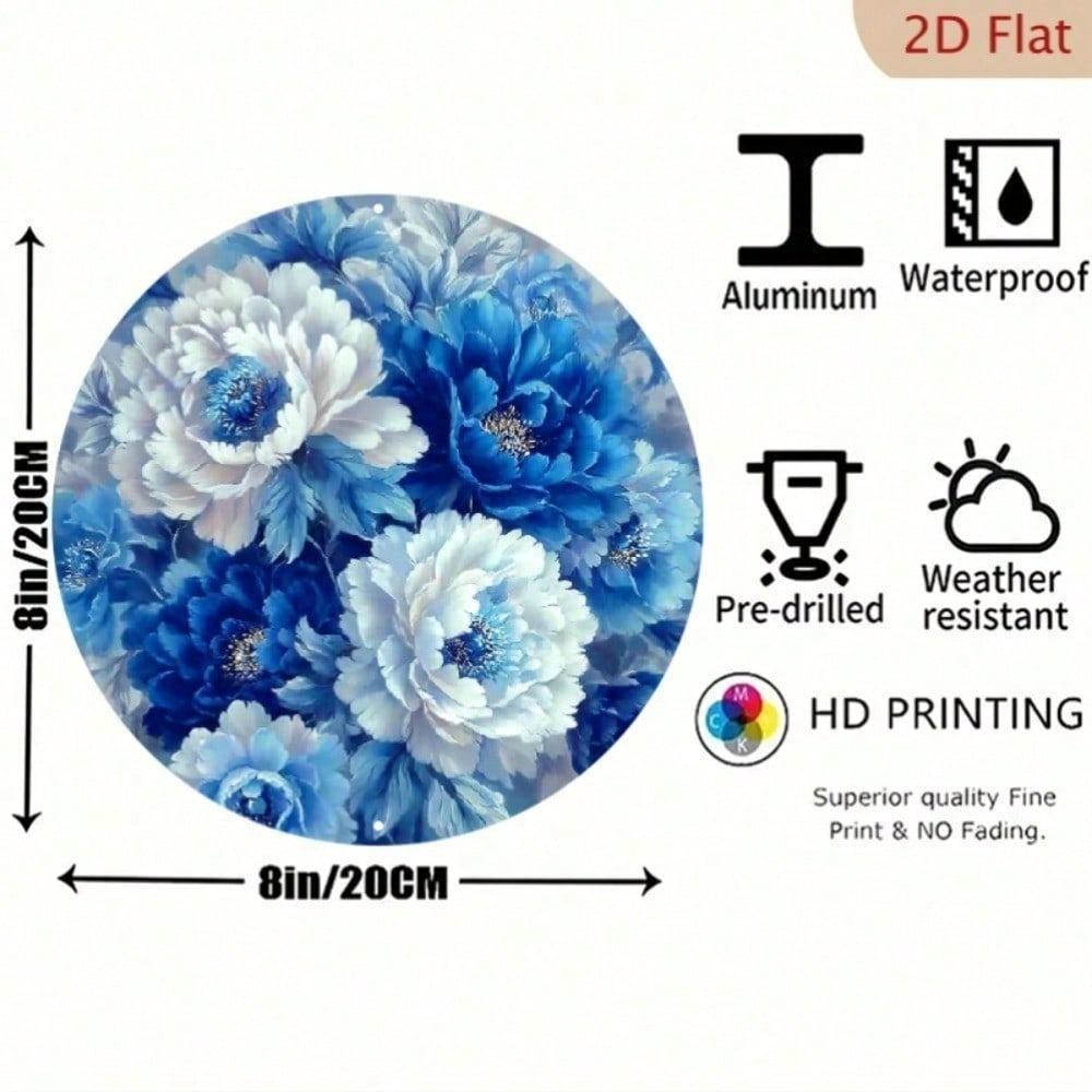 Handmade Blue White Peony Metal Wall Art Round Aluminum Poster 8 Inch