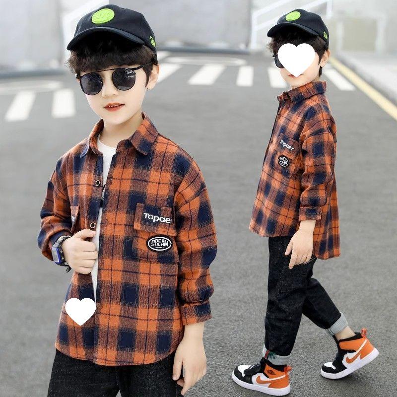 Boys' Plaid Long Sleeve Shirt Jacket, Spring & Autumn 2025, Korean Style, Trendy & Loose Fit for Big Kids.