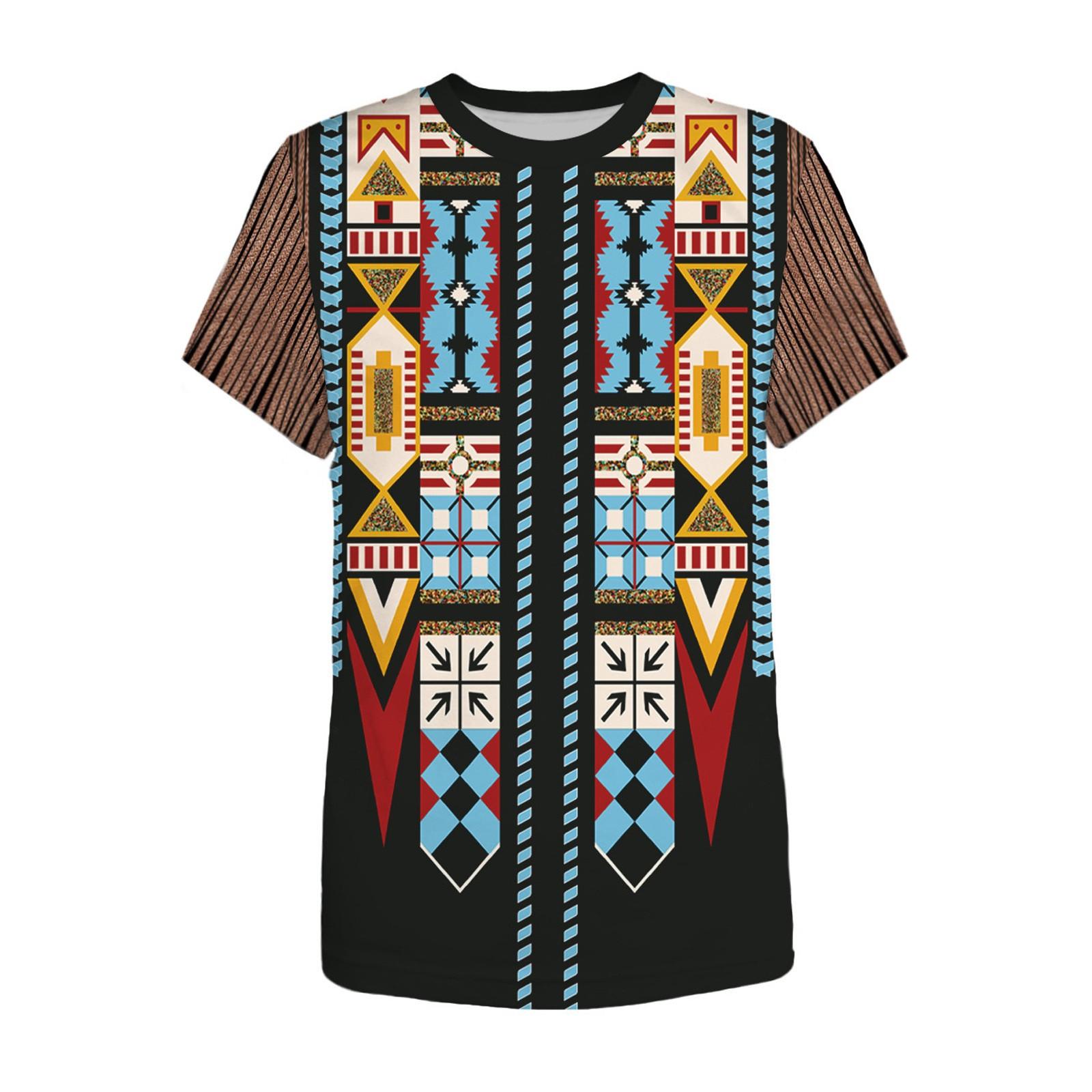 

Мужская винтажная блузка с коротким рукавом и принтом в этническом стиле, футболка с круглым вырезом XL чёрный