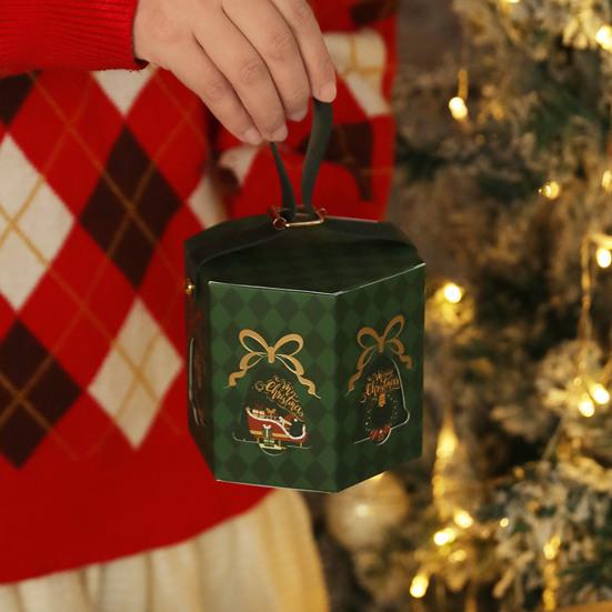 Christmas Gift Box with Handle Cartoon Fruits Candy Treats Goodies Chocolates Storage Box Hexagonal Square Paper Packing Box Party Supplies