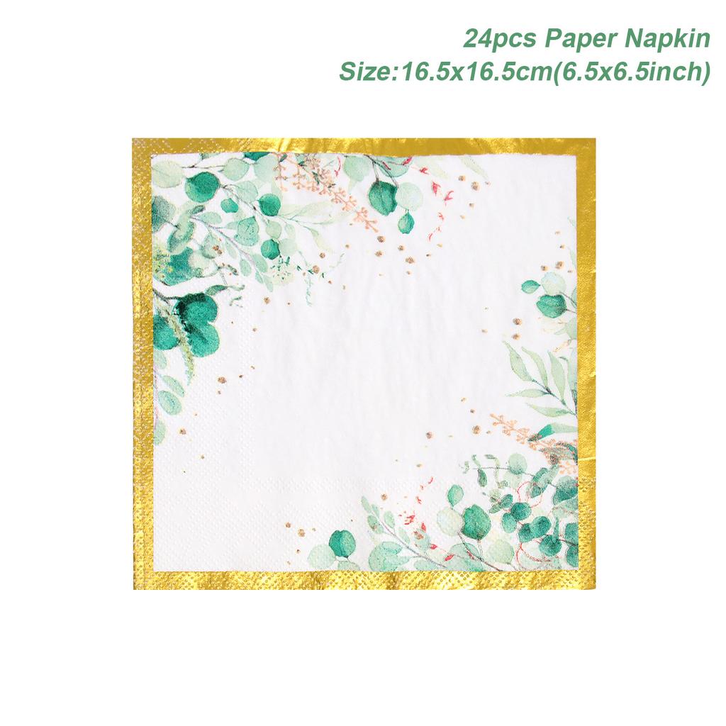 Sage Green Leaves Disposable Tableware Gold Edge Paper Plate Cup Napkins Wedding Decor Birthday Hawaiian Party Decoration