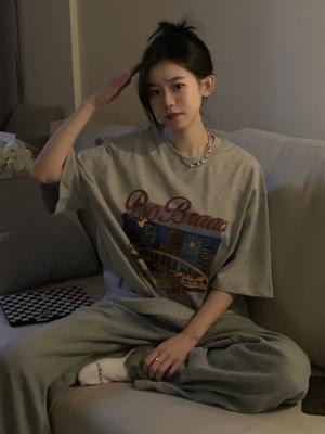 Amerykański T-shirt w stylu vintage dla kobiet oversize letni wzór widoku nocnego odzież z krótkim rękawem półrękawy luźny top fala