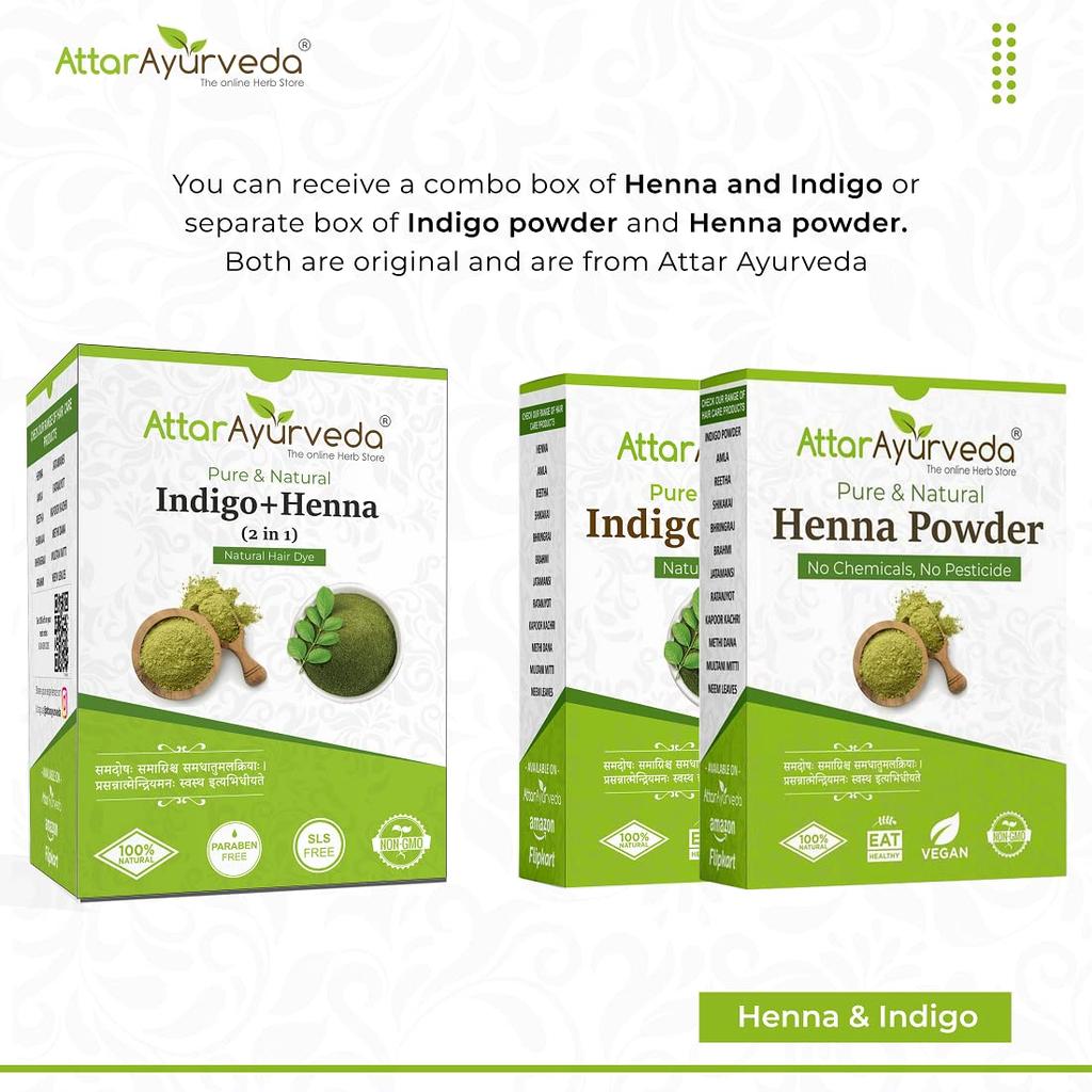 Attar Ayurveda Natural Hair Color Powder Kit Henna Indigo Combo Pack For Black Brown Shades Chemical Free Hair Dye 200 G X  Pack of 2