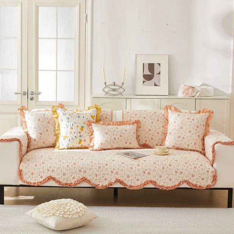 Wellenförmige Volants Sofahandtuch Kissenbezug Pastoraler Stil Kleines Blumenmuster Sofakissen Rutschfest Baumwolle Sofa Staubschutzhüllen