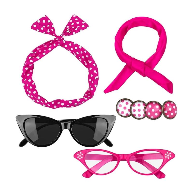 

Chiffon Scarf Cats Eye Glasses Bandana Tie Headband Earrings Halloween Costumes 50s Outfits 50s Costume Accessories Set рожевий червоний колір