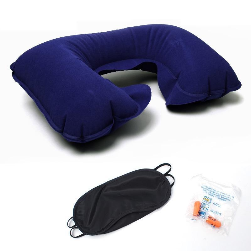 3Pcs/pack Soft U Shaped Air Inflatable Pillow Portable Flock (1 Pc Pillow+1 Pc Eye Cover+1Pc Earplug)
