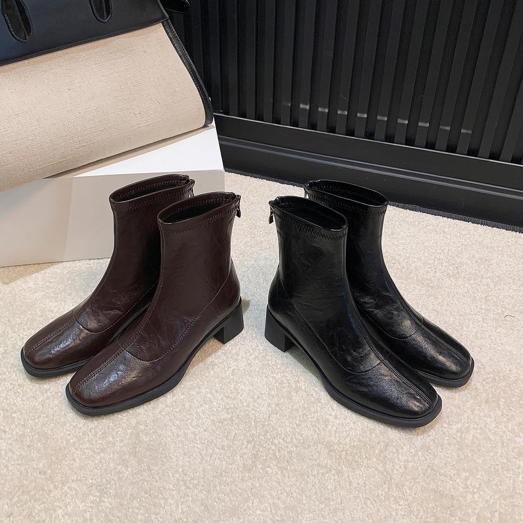 Small Square Head Thick Heel Silent Bottom Short Boots Women's Autumn New Inner Heightening Chel Boots High Heel French Martin Boots