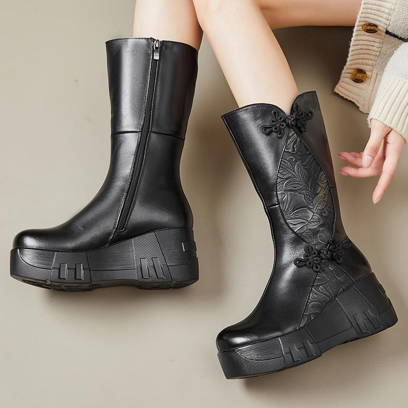 GKTINOO 2025 Retro Natural Leather Women Boots Handmade Winter Wedges Booties Soft Cowhide Women's Shoes Platform Mid-Calf Boots