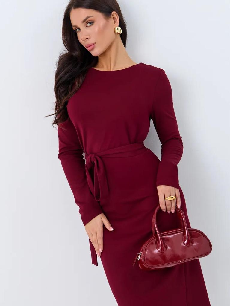 European & American Women's V-Neck Slim Fit Long Sleeve Midi Dress