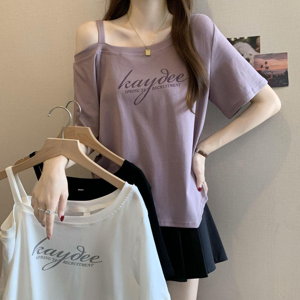 2025 Spring/Summer Plus Size Off-Shoulder Letter Print T-shirt - Women's Trendy Loose Slimming Fashion