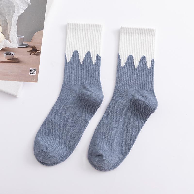 Creamy Color Block Patchwork Cotton Sports Socks for Men & Women - Trendy Mid-Calf Streetwear Style.