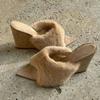 Pre-autumn new product ~ plush pointed toe open toe hairy slippers women's 2025 new French casual fashion wedge slippers