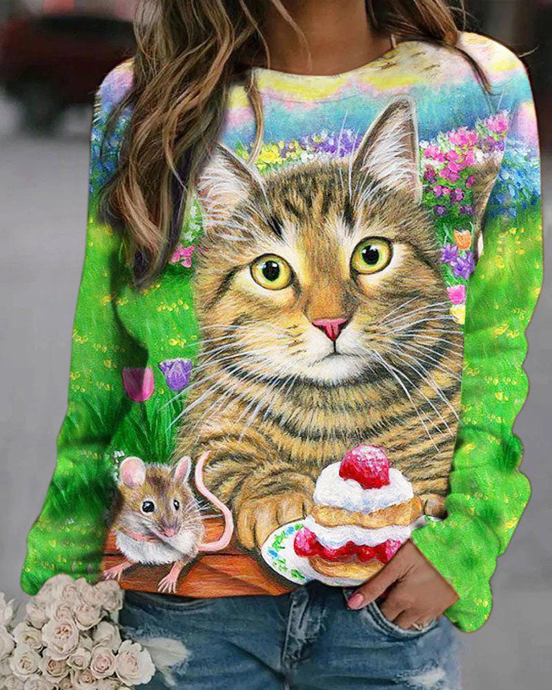 Autumn High Quality Women's Round Neck Long Sleeve 3D Printed Pet Cat Pattern Fashion Casual Women's Plus Size XXS-6XL