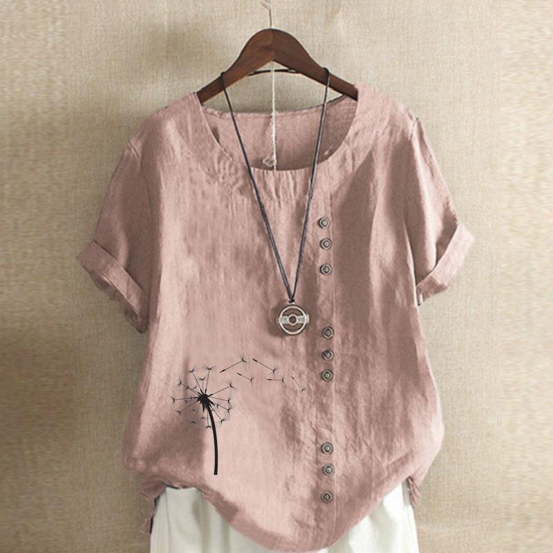 Women's Fashion Black Dandelion Prined Short Sleeve T-shirt Loose Cotton Shirt Casual Loose Summer Plus Size Blouse Tops