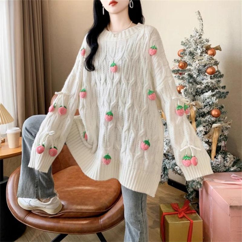 Women 3D Strawberry Decorative Sweater Korean Loose Round Neck Female Knitted Sweaters Winter Fashionable Comfortable Woman Top