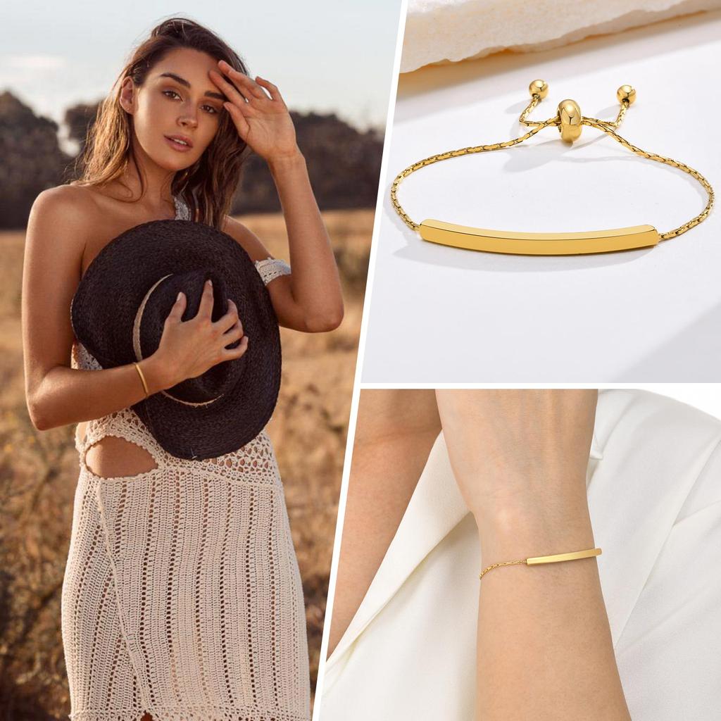 Free Engraving Name Date Bracelet for Women,Hammer Round Chain Bracelet, Stainless Steel Waterproof Jewelry Gift