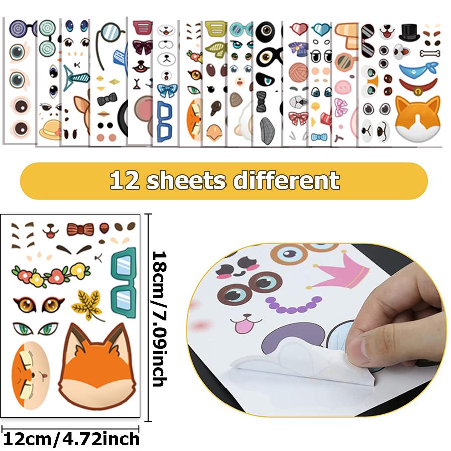 12pcs Face Change Cartoon Animal Stickers DIY Emotion Sitcker for Scrapbook Notebook Cartoon Graffiti Stickers Gifts Party Favor