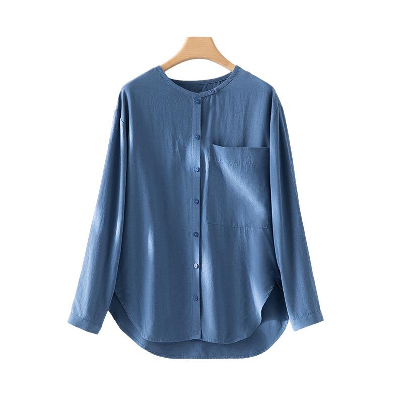 Early autumn new Lyocell Tencel linen Hong Kong style temperament round neck long-sleeved shirt simple casual versatile shirt women