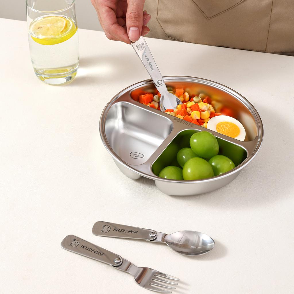 3 Compartment Cute Round Children Food Plate 304 Stainless Steel Divided Dinner Plate Fruit Salad Plates Dishes Dishwasher Safe