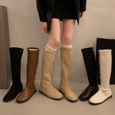Bottes de chevalier magnifiques tube fin rad mais plates bottes simples polyvalentes version coréenne bottes hautes femme blanc bout rond fin long
