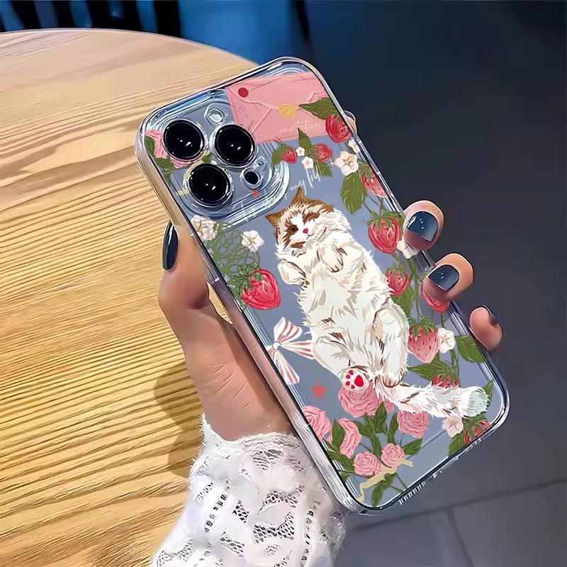 Korean Painted Cat Strawberry Flower Phone Case For Samsung Galaxy A14 A15 S21 S22 S23 S24 FE Plus Ultra A25 A35 A52 A53 A54 A55
