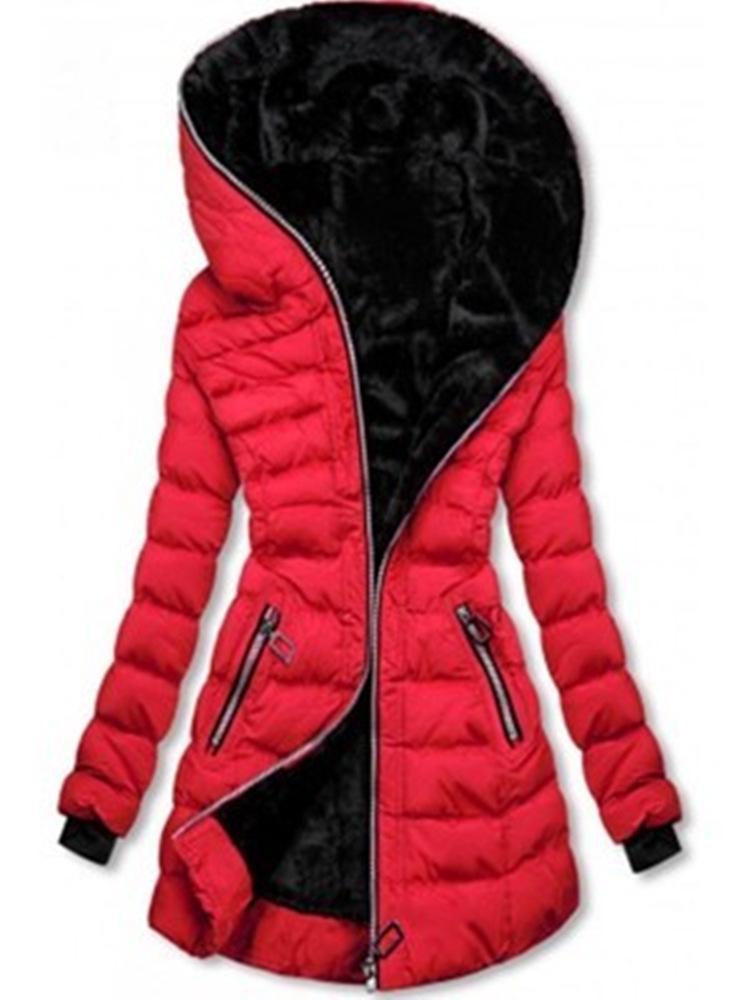Damen Winterjacke mit Kapuze, langen Ärmeln und mittellanger Reißverschlussjacke aus Samt und Baumwolle