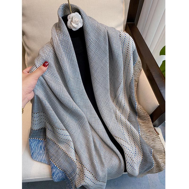 Versatile Cotton Linen Check Print Sun Protection Travel Shawl Scarf - Large 130 Square