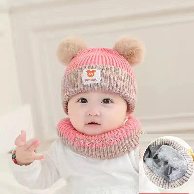 Baby Boy and Girl Baby Hat Autumn and Winter Cute Ball Velvet Thickened Windproof Ear Protection Children's Hat Scarf Knitted Hat