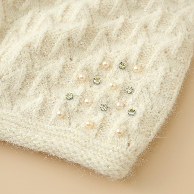 European and American Checked Pearl Dot Drill Rabbit Fur Pullover Hat Autumn and Winter Retro Versatile Wool Hat Outdoor Cold Warm Hat