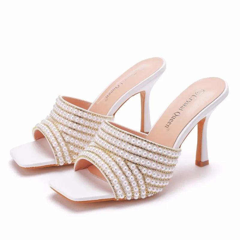 Fashion Summer Pearl Water Diamond 9cm Square Head High Heel Slippers Fashion Fish Mouth Wine Glasses Temperament Beaded Shallow Sandals