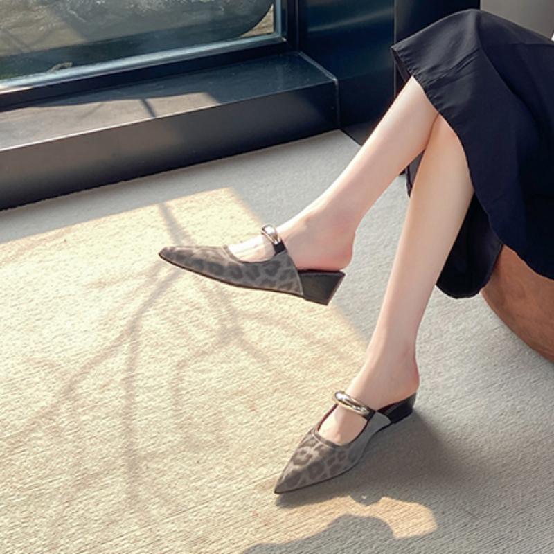 Fashion 2025Fashion Metal Low Heel Mules Footwear Wedges Slippers Shoes For Women Pointed Toe Ladies Wedges Slippers Shoes Female Slides