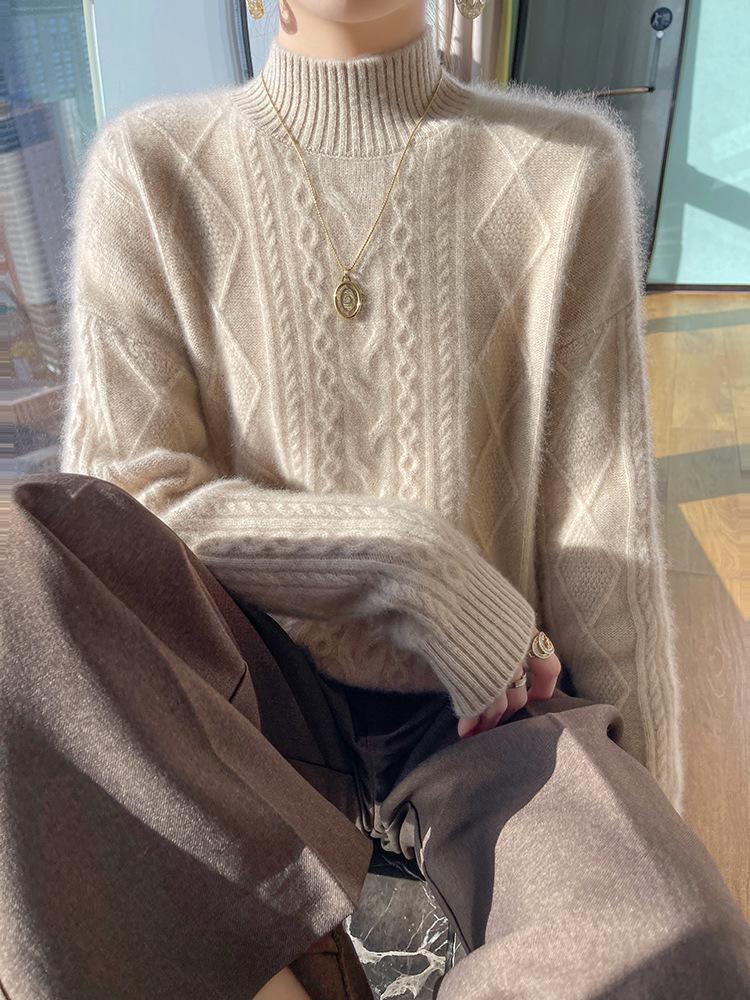 Thick Wool Cable Knit Cardigan: Retro High-Neck Sweater, Warm Winter Base Layer