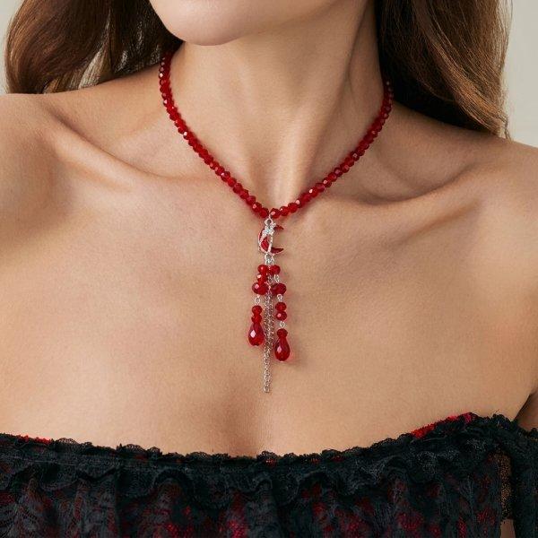 Vintage Gotický Vícevrstvý Červeno-Černý Krystalový Náhrdelník s Korálky Pro Ženy Kapka Krve Dlouhý Třásně Klíční Kost Choker Halloweenské Šperky