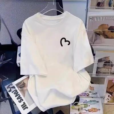 Summer New Round Neck Pure Cotton Short-sleeved Women's Simple and Versatile Isn't the Style of Small Love Design Niche T-shirt Top