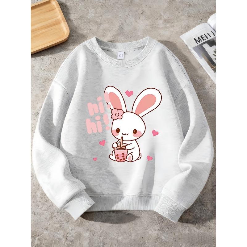 European sizes White Rabbit Fresh Print Theme, Perfect Gift for Kids, Kids' Round Neck Long Sleeve Sweatshirt, Daily Sports Fashion Comfortable Style