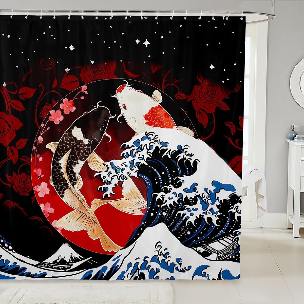 

Koi Fish Bath Curtain Mount Fuji Bathroom Accessories Retro Japanese Style Shower Curtain Sea Wave Cherry Blossom Bathroom 90x180CM