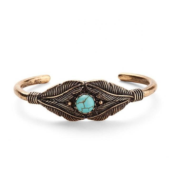 Retro Kvinnor Bead Leaf Feather Alloy Open End Cuff Armring Boho Etniska Smycken