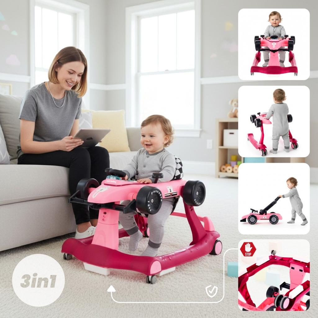 Caminador Interactivo Andador Empujador Coche de Carreras Fórmula 1 3en1 Rosa