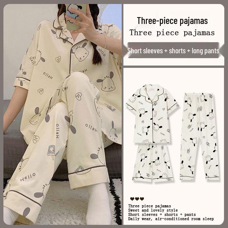 Summer Fashion Pajamas: Women's Short Sleeve Three-Piece Set with Cartoon Pacha Dog Design, Suitable for Home or Outdoors