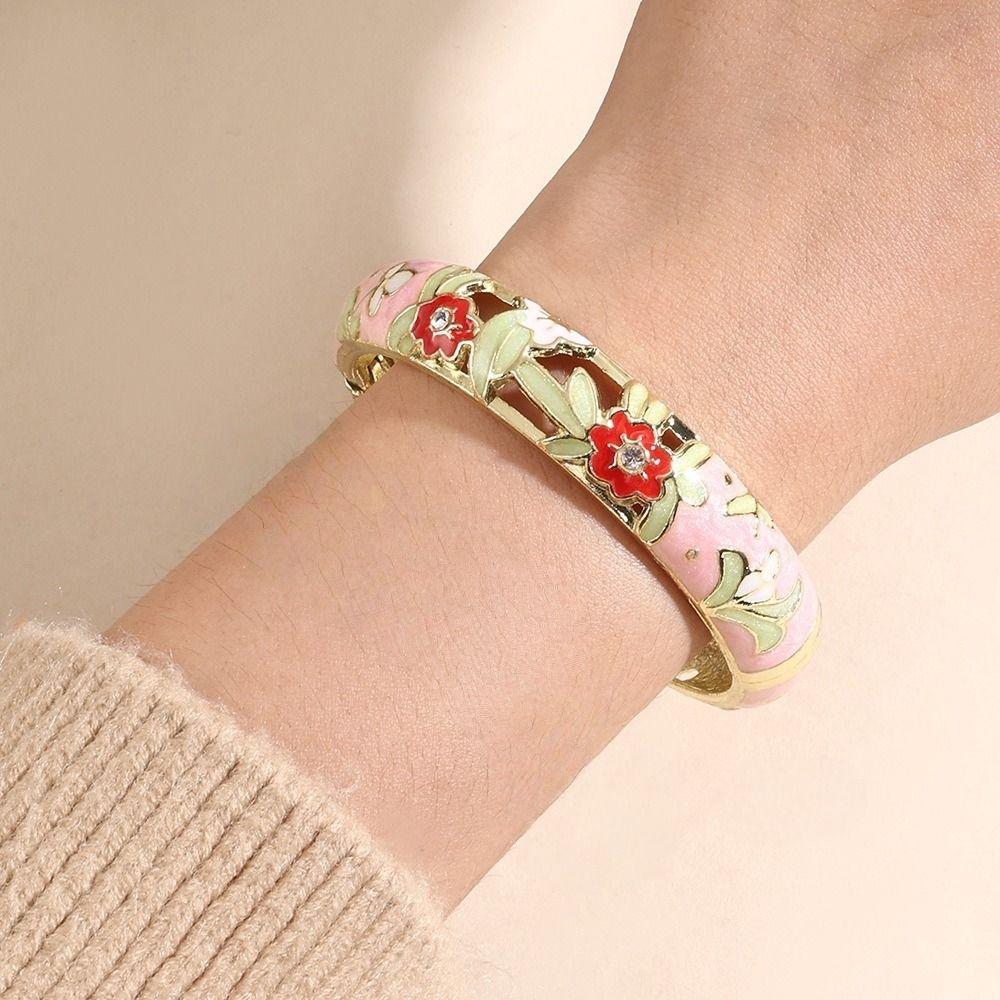 Blumiges Vintage Cloisonné Armreif Emaille Damen Handarmband Buntes Blumenarmband Damen
