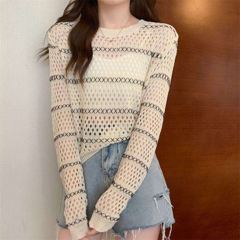 Hollow Long-sleeved Sweater Women's Spring Thin Transparent Black T-shirt Sunscreen Blouse Short Top