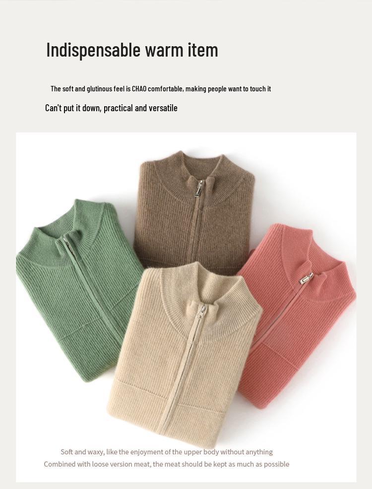 Heavyweight Stand Collar Wool Cardigan - Versatile Casual Solid Color for Autumn/Winter