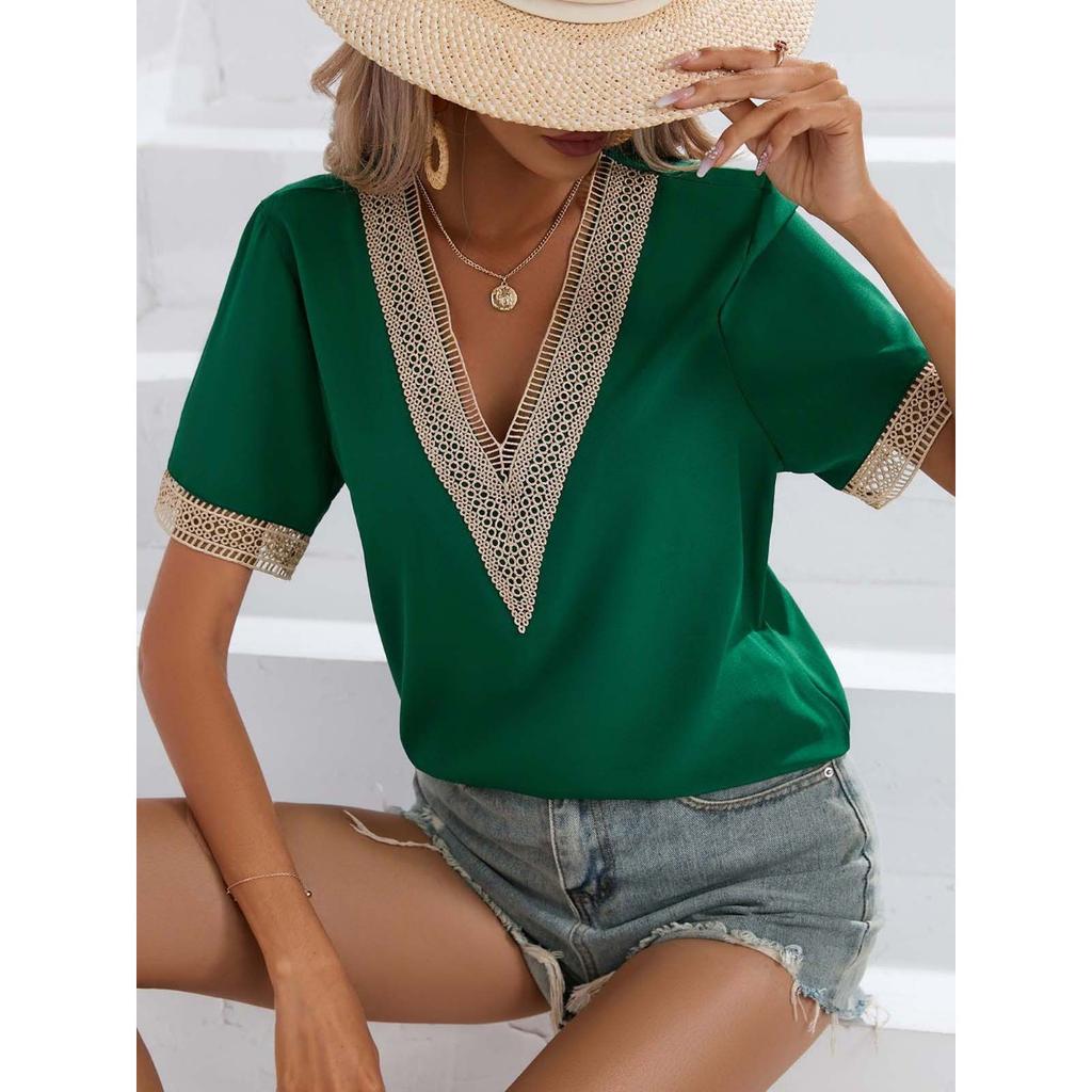 Summer Women's Lace Trim V-neck Short Sleeve T-shirt, European American Style Casual Tops For Women
