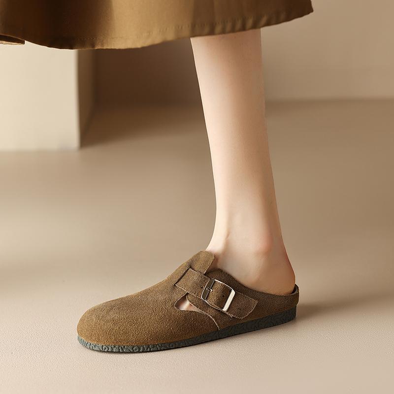 Fashion 2025 New Summer Women Mules Cow Suede Leather Women Shoes Round Toe Cover Toe Slip-on Women Sandals Retro Modern Slippers