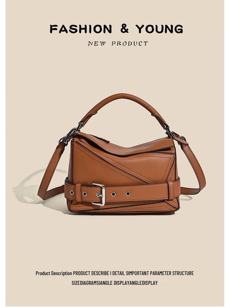 2025 Autumn Geometric Cowhide Crossbody Biker Bag - Large Capacity Genuine Leather Handbag for Women