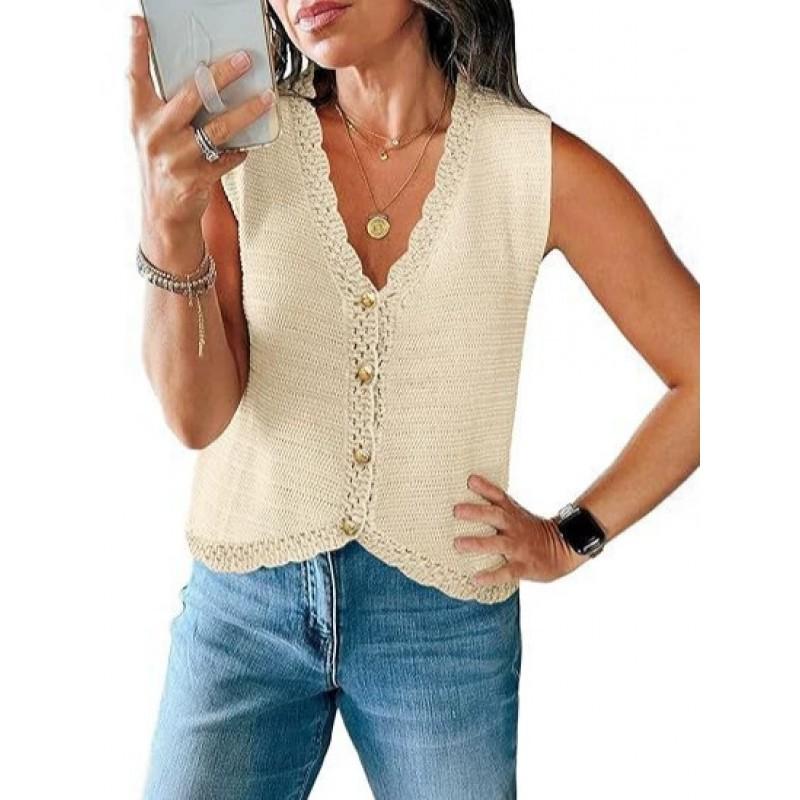 Womens V-Neck Sleeveless Knit Cardigan Short Loose Fit Casual Top With Button Front