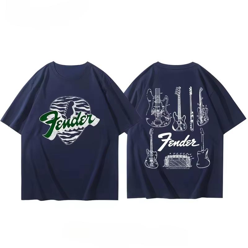Summer Mens TShirt Fender Electric Guitar Band Short Sleeve Boys and Girls Summer Guitarist Clothing Around Printed TShirt